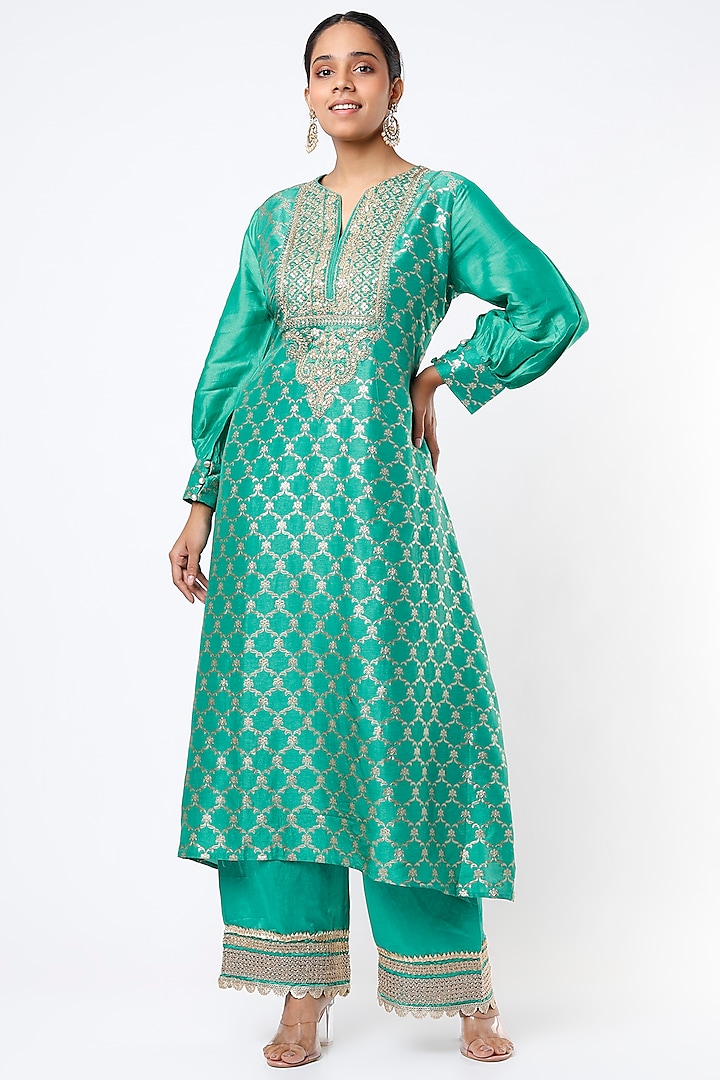 Medium Turquoise Embroidered Kaftan Set by GOPI VAID at Pernia's Pop Up Shop