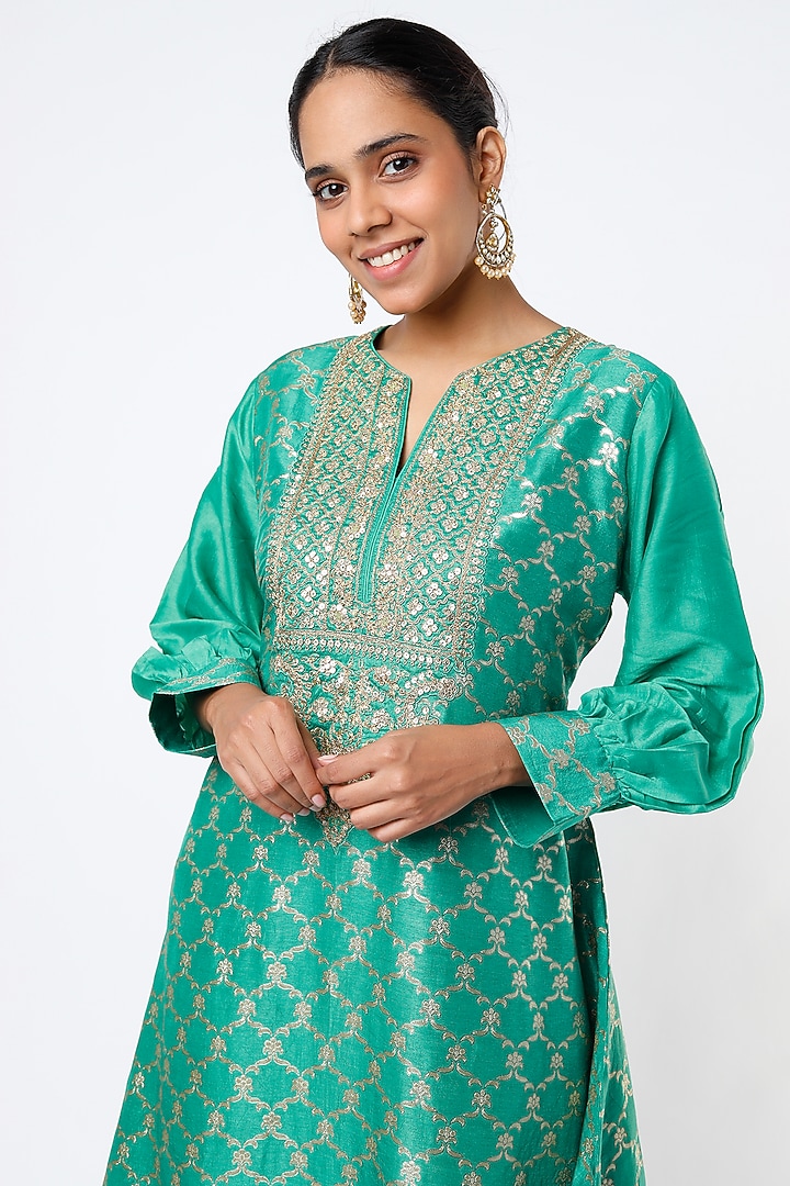 Medium Turquoise Embroidered Kaftan Set by GOPI VAID at Pernia's Pop Up Shop
