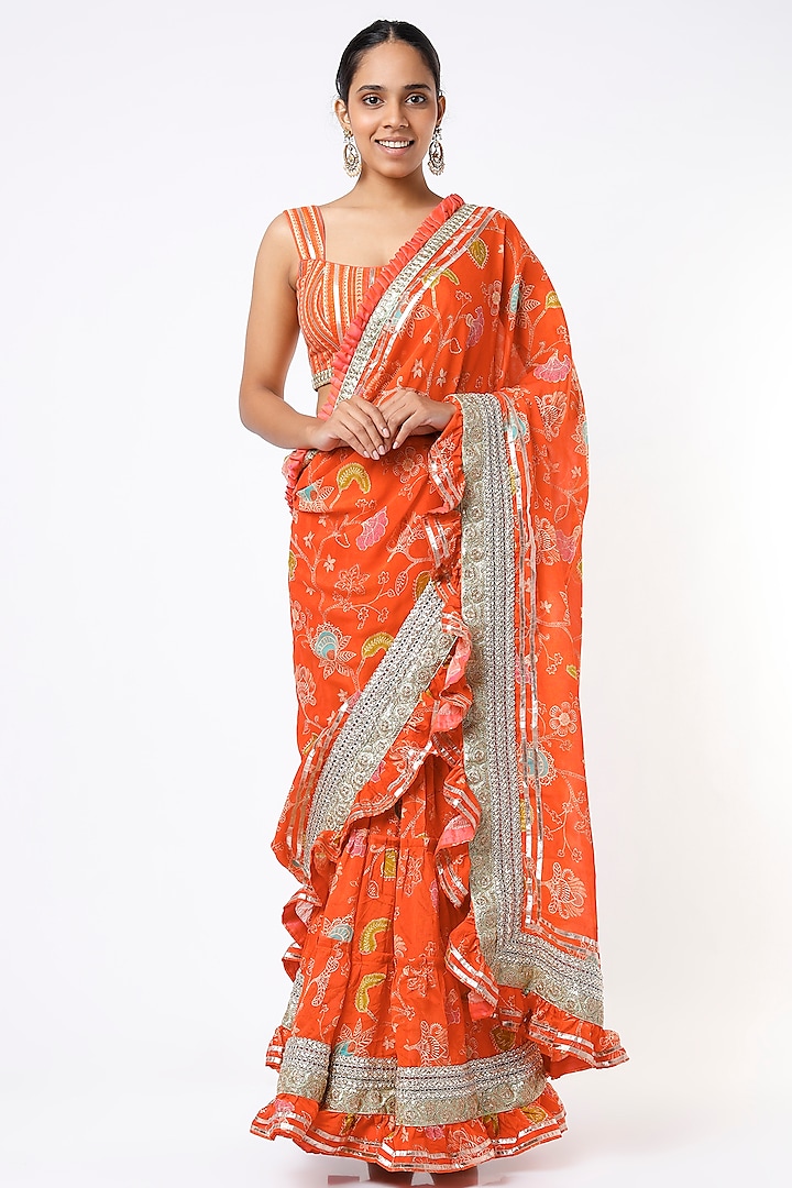 Bright Orange Embroidered Saree Set by GOPI VAID