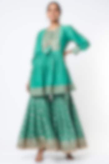 Medium Turquoise Embroidered Gharara Set by GOPI VAID at Pernia's Pop Up Shop