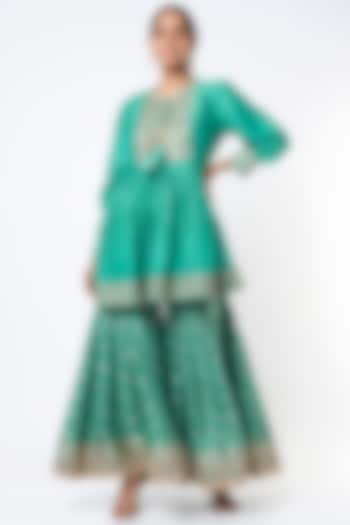 Medium Turquoise Embroidered Gharara Set by GOPI VAID