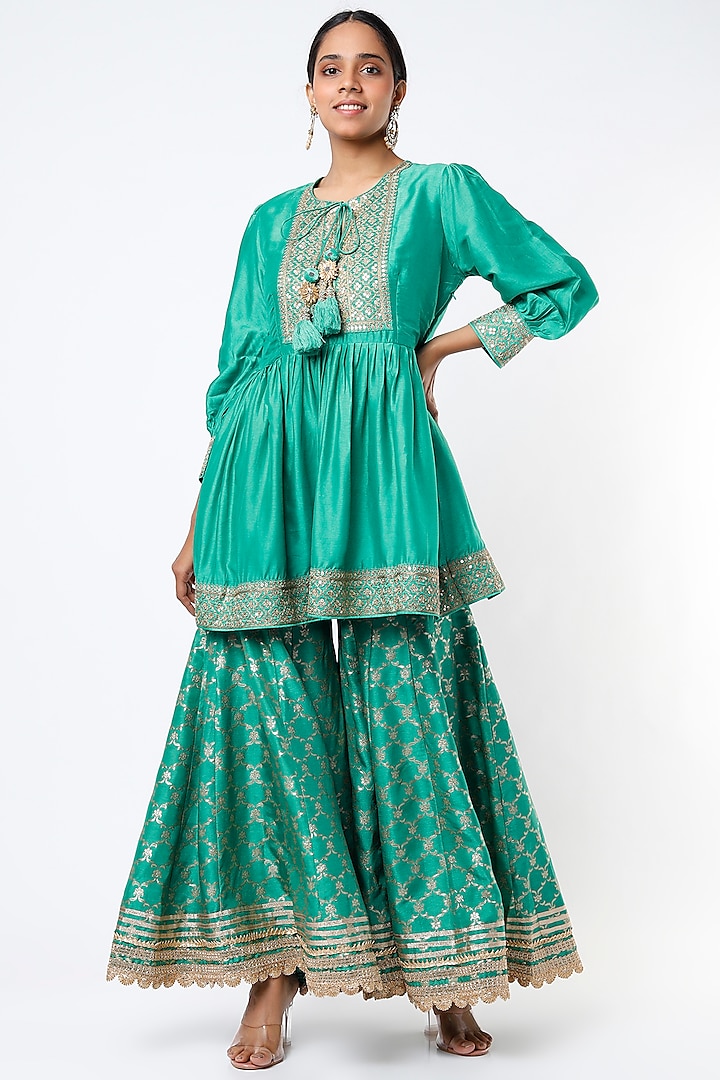 Medium Turquoise Embroidered Gharara Set by GOPI VAID