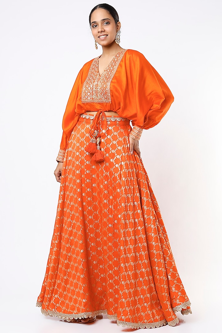 Orange Embroidered Skirt Set by GOPI VAID