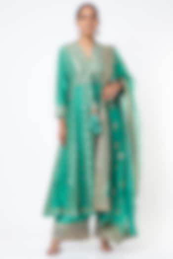 Medium Turquoise Embroidered Anarkali Set by GOPI VAID