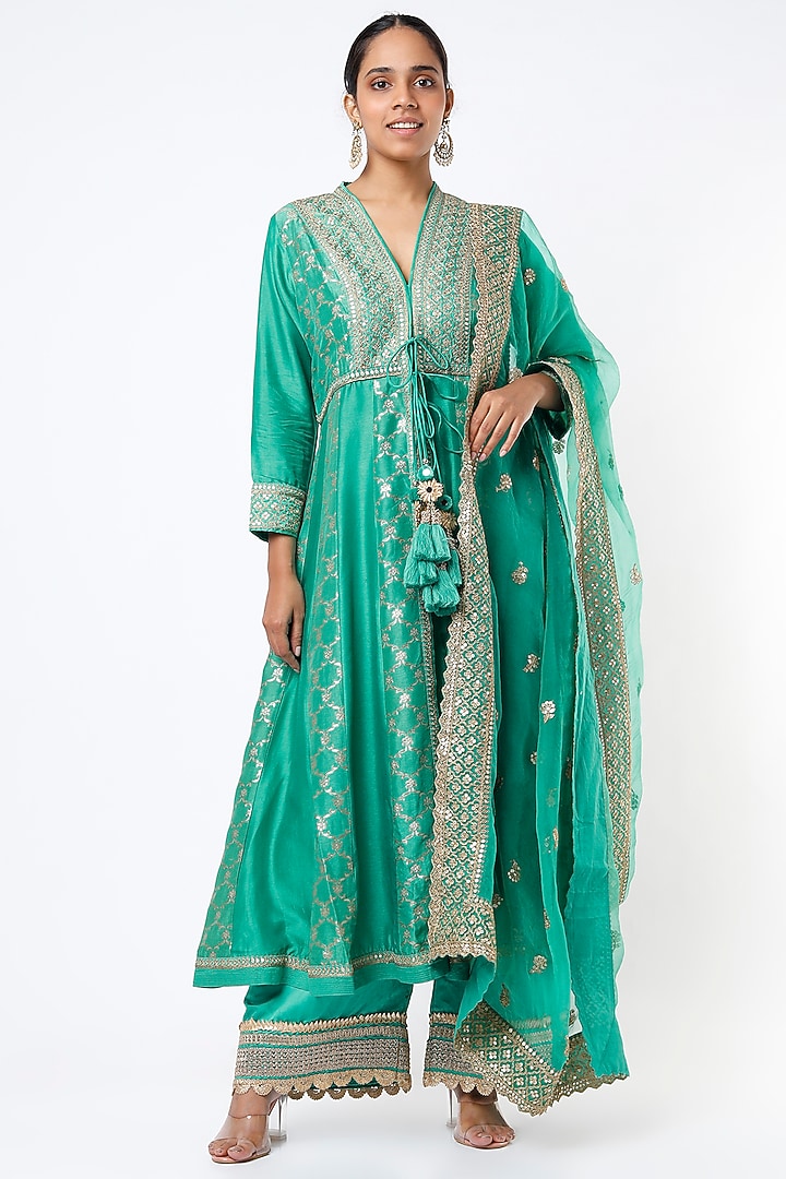 Medium Turquoise Embroidered Wedding Anarkali Set by GOPI VAID at Pernia's Pop Up Shop
