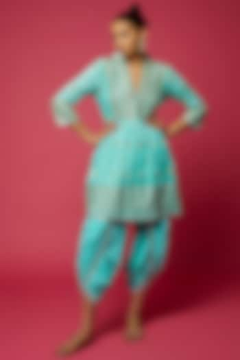 Turquoise Tussar Silk Embroidered Angrakha Kurta Set by GOPI VAID at Pernia's Pop Up Shop