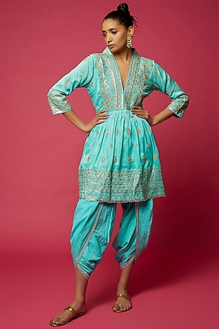 Turquoise Tussar Silk Embroidered Angrakha Kurta Set by GOPI VAID