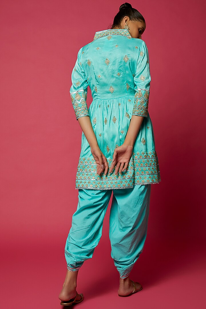 Turquoise Tussar Silk Embroidered Angrakha Kurta Set by GOPI VAID at Pernia's Pop Up Shop