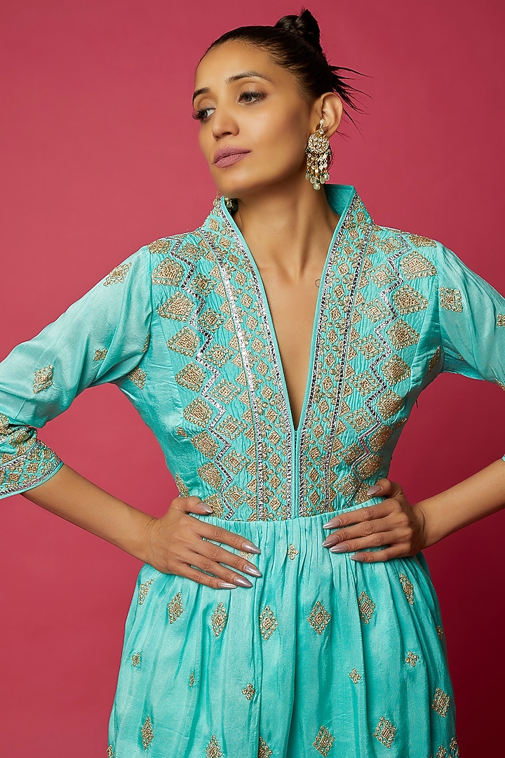 Turquoise Tussar Silk Embroidered Angrakha Kurta Set by GOPI VAID at Pernia's Pop Up Shop