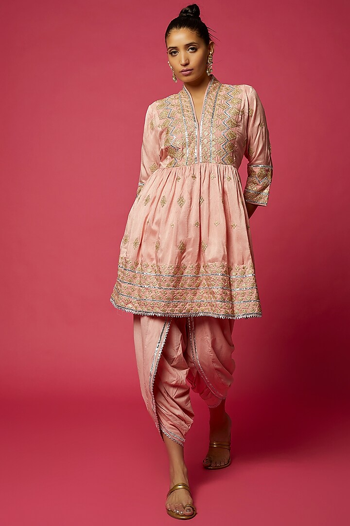 Blush Pink Tussar Silk Embroidered Angrakha Kurta Set by GOPI VAID