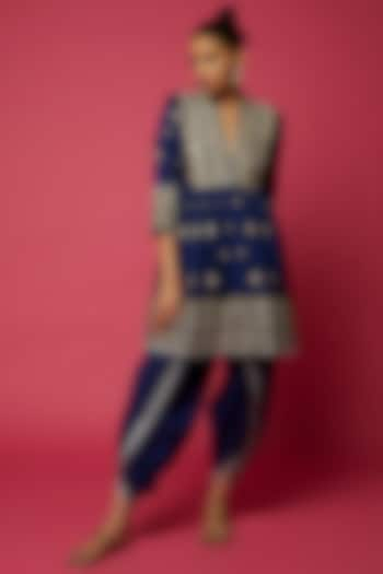 Cobalt Blue Tussar Silk Embroidered Angrakha Kurta Set by GOPI VAID at Pernia's Pop Up Shop