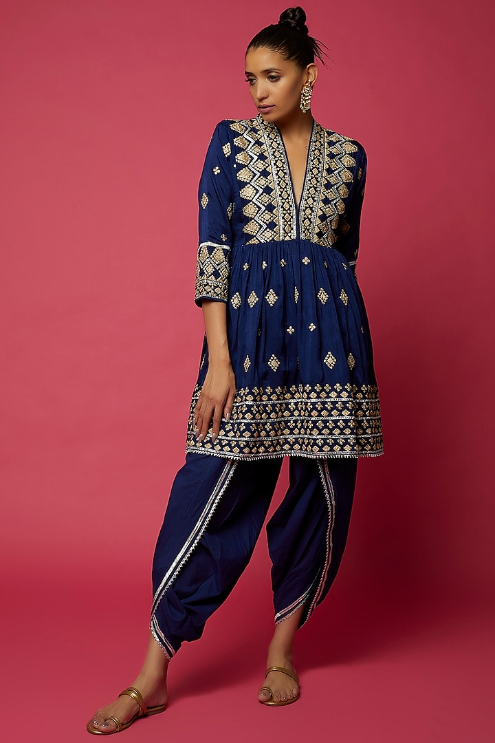 Cobalt Blue Tussar Silk Embroidered Angrakha Kurta Set by GOPI VAID