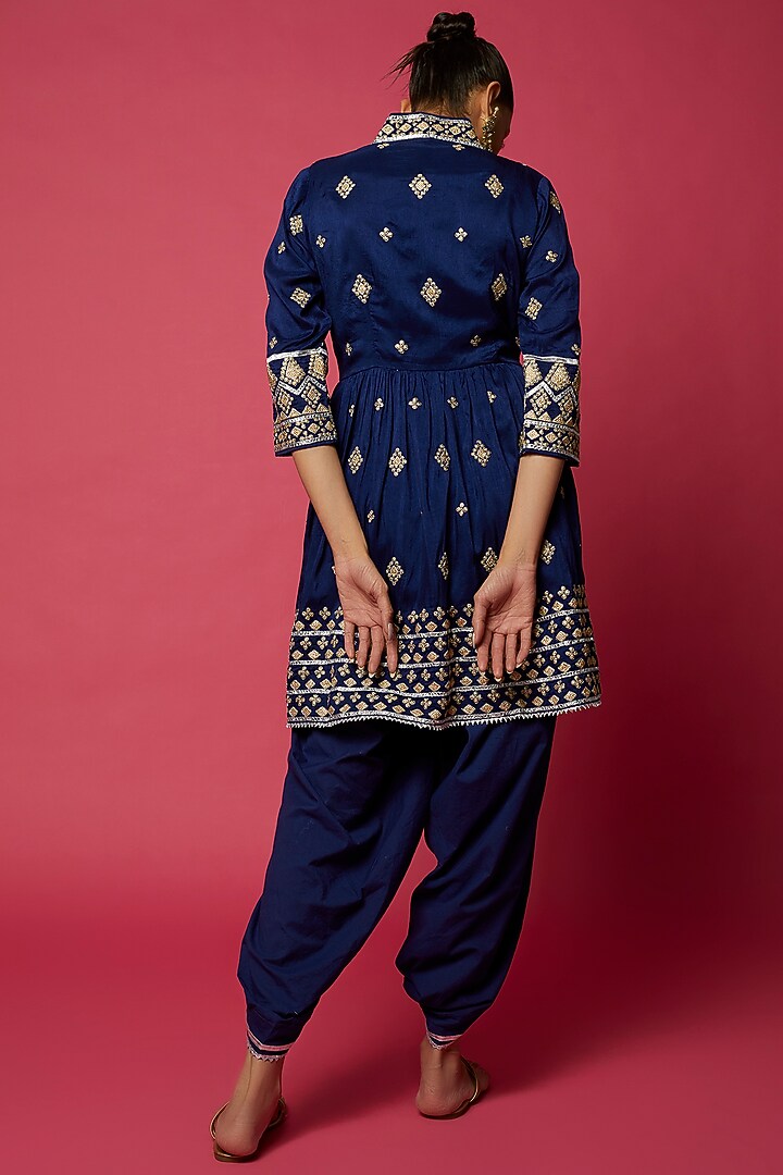 Cobalt Blue Tussar Silk Embroidered Angrakha Kurta Set by GOPI VAID at Pernia's Pop Up Shop