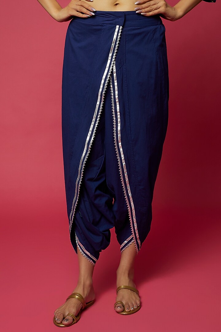 Cobalt Blue Tussar Silk Embroidered Angrakha Kurta Set by GOPI VAID at Pernia's Pop Up Shop