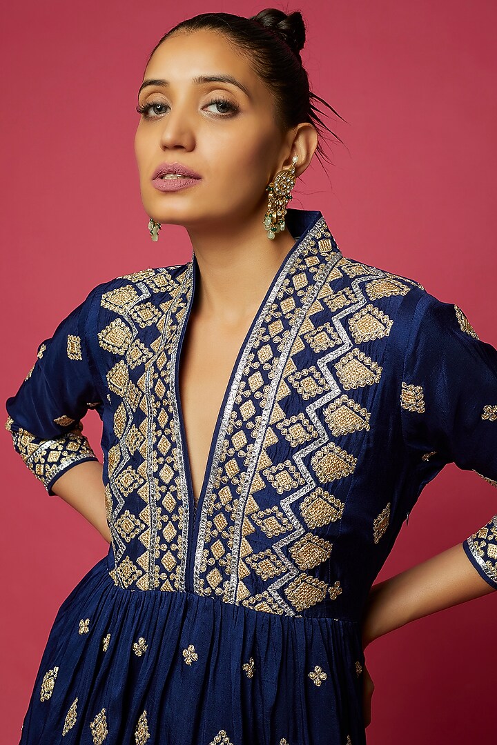 Cobalt Blue Tussar Silk Embroidered Angrakha Kurta Set by GOPI VAID at Pernia's Pop Up Shop