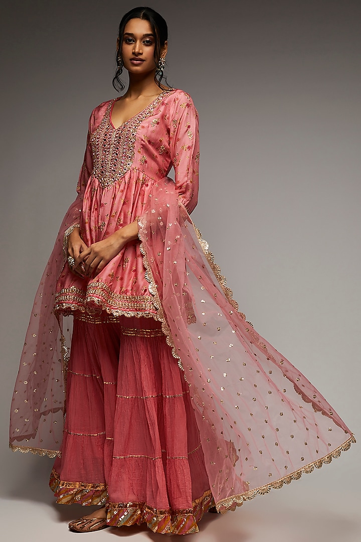 Pink Georgette Embroidered Sharara Set by GOPI VAID