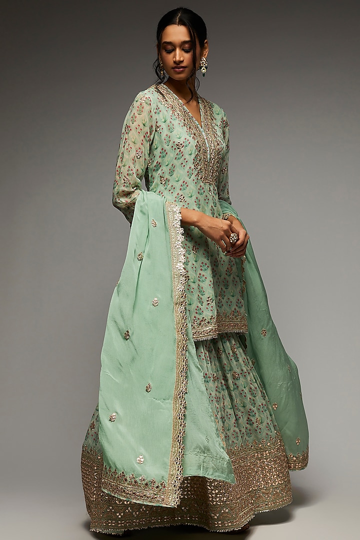Turquoise Georgette Embroidered Sharara Set by GOPI VAID
