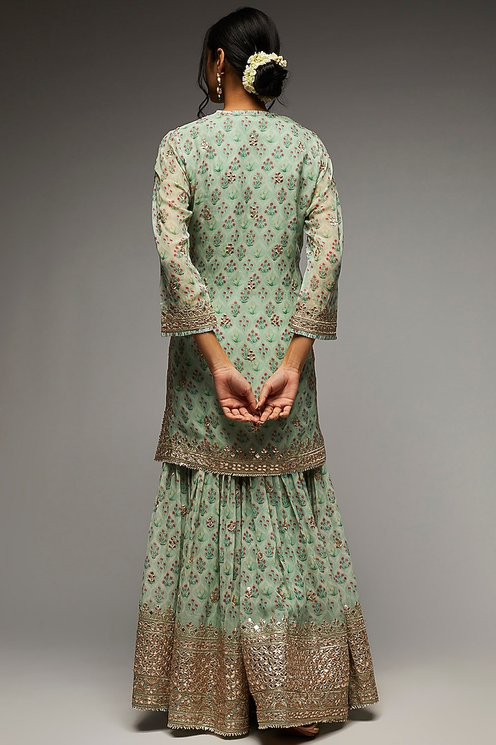 Turquoise Georgette Embroidered Wedding Sharara Set by GOPI VAID at Pernia's Pop Up Shop