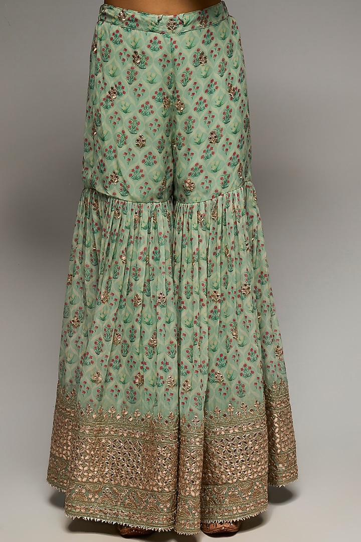 Turquoise Georgette Embroidered Wedding Sharara Set by GOPI VAID at Pernia's Pop Up Shop
