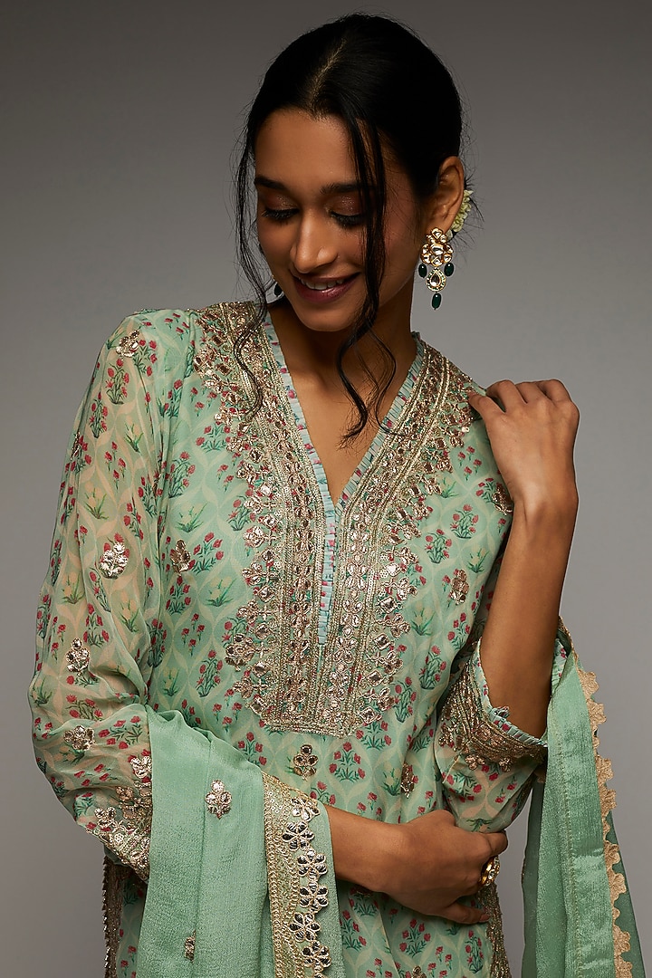 Turquoise Georgette Embroidered Wedding Sharara Set by GOPI VAID at Pernia's Pop Up Shop