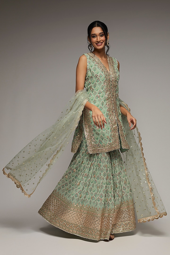 Turquoise Georgette Sharara Set by GOPI VAID