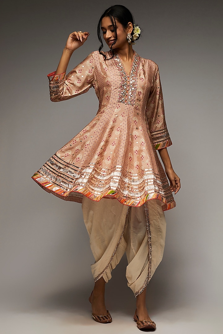 Blush Pink Silk Embroidered Tunic Set by GOPI VAID