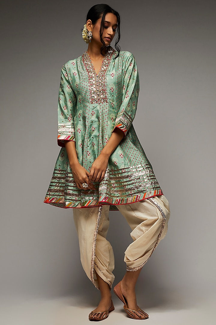 Blue Silk Embroidered Tunic Set by GOPI VAID