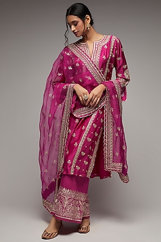 Pink Silk Embroidered Kurta Set by GOPI VAID