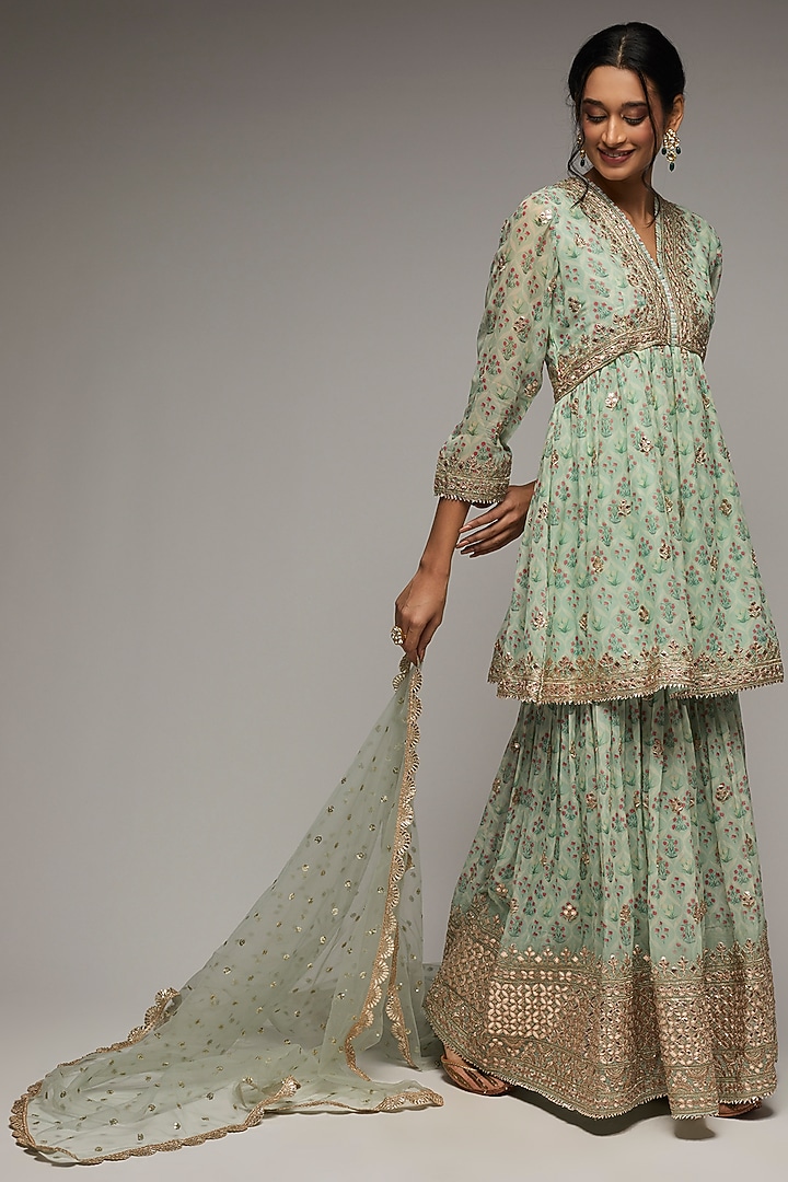 Blue Georgette Embroidered Wedding Sharara Set by GOPI VAID at Pernia's Pop Up Shop