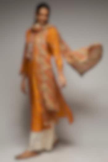 Orange Tussar Silk Embroidered Tunic Set by GOPI VAID