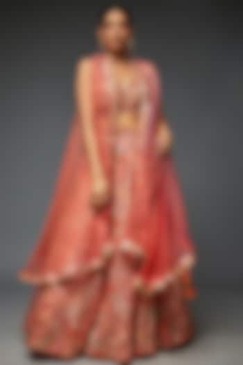Orange Tussar Silk Printed & Embroidered Lehenga Set by GOPI VAID