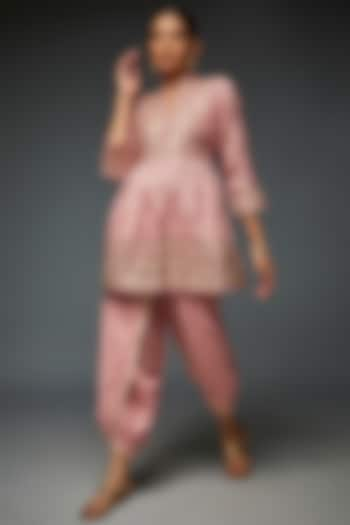 Pink Tussar Silk Embroidered Peplum Kurta Set by GOPI VAID at Pernia's Pop Up Shop