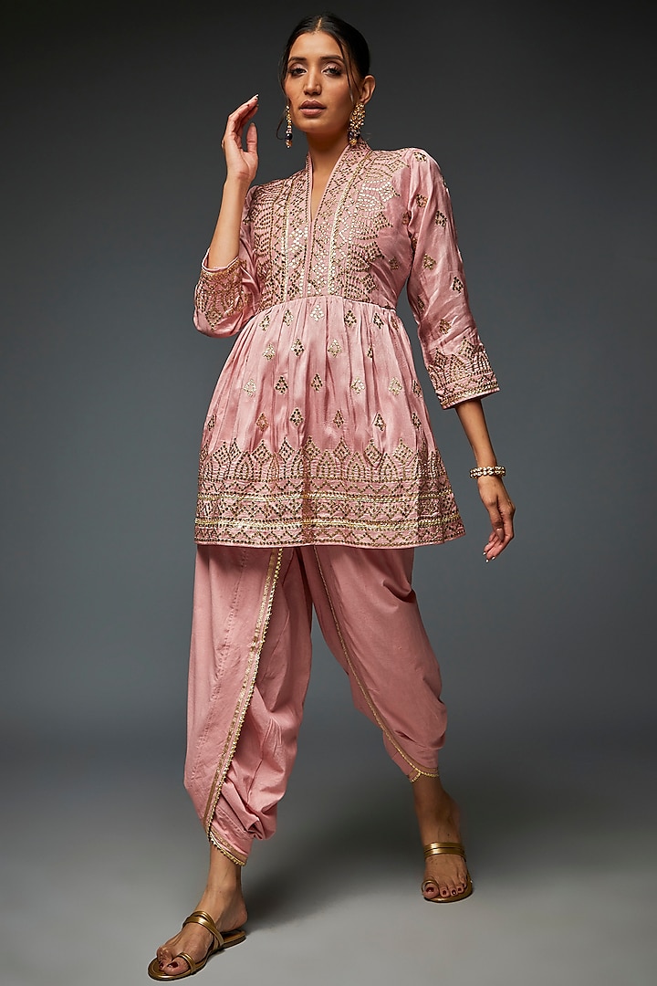 Pink Tussar Silk Embroidered Peplum Kurta Set by GOPI VAID