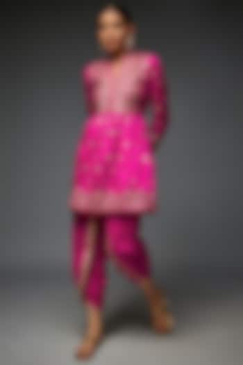 Pink Tussar Silk Embroidered Peplum Kurta Set by GOPI VAID