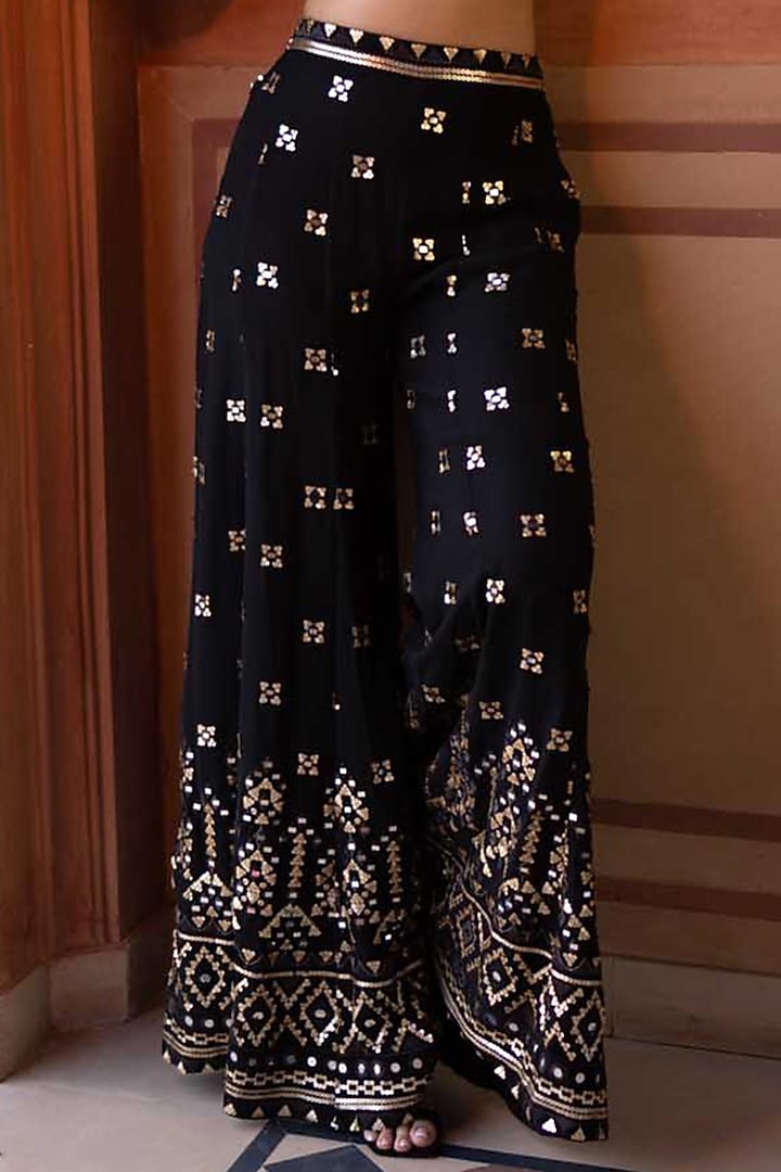 Black Georgette Sequins & Mirror Embroidered Wedding Sharara Set by GOPI VAID at Pernia's Pop Up Shop