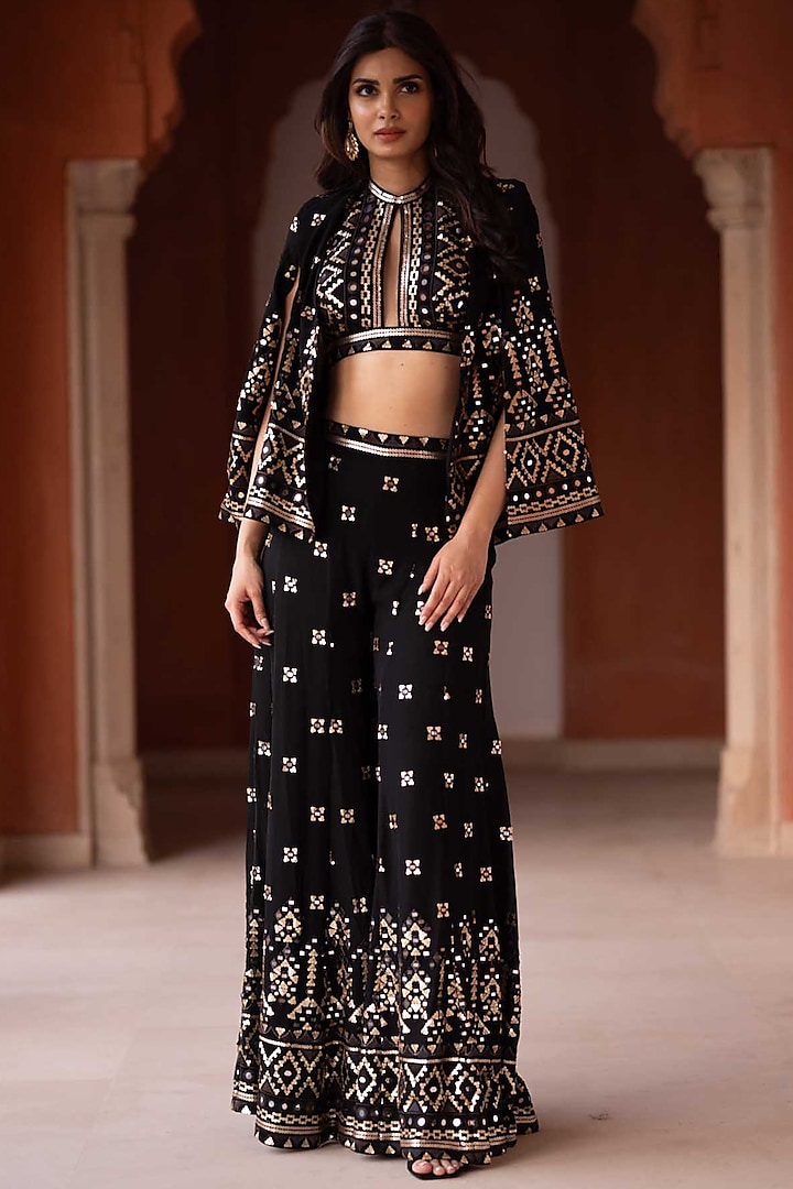 Black Georgette Sequins & Mirror Embroidered Sharara Set by GOPI VAID at Pernia's Pop Up Shop