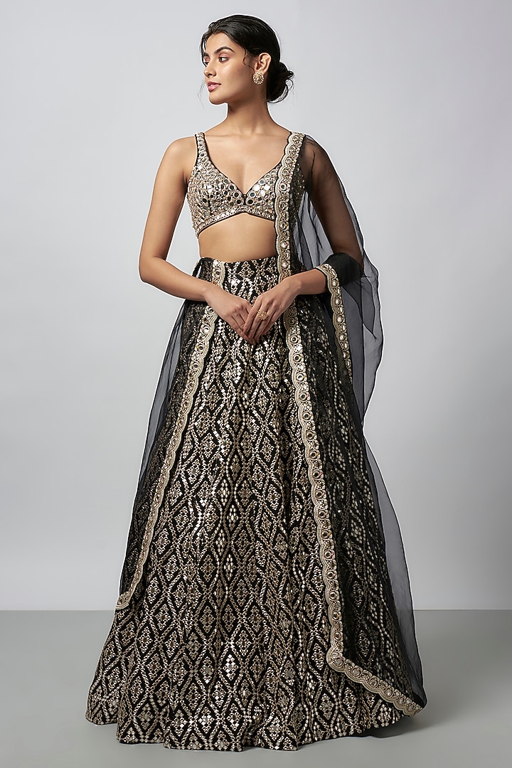 Black Katri Mirror Embroidered Wedding Lehenga Set by GOPI VAID at Pernia's Pop Up Shop