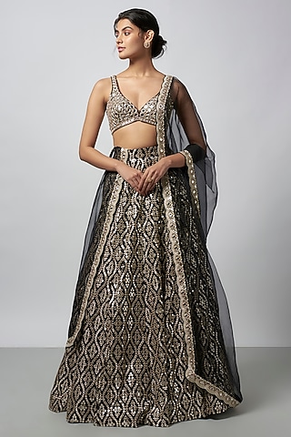 Black Katri Mirror Embroidered Lehenga Set by GOPI VAID