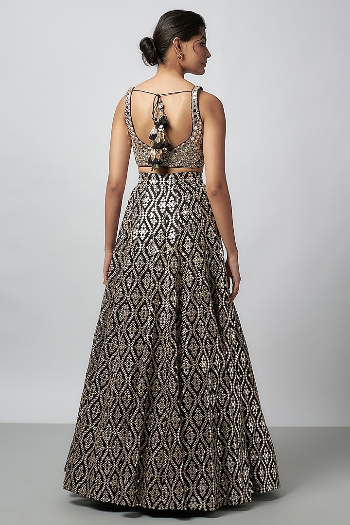 Black Katri Mirror Embroidered Wedding Lehenga Set by GOPI VAID at Pernia's Pop Up Shop