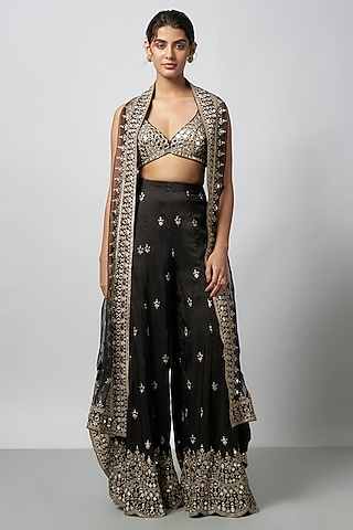 Black Organza Embroidered Cape Set by GOPI VAID