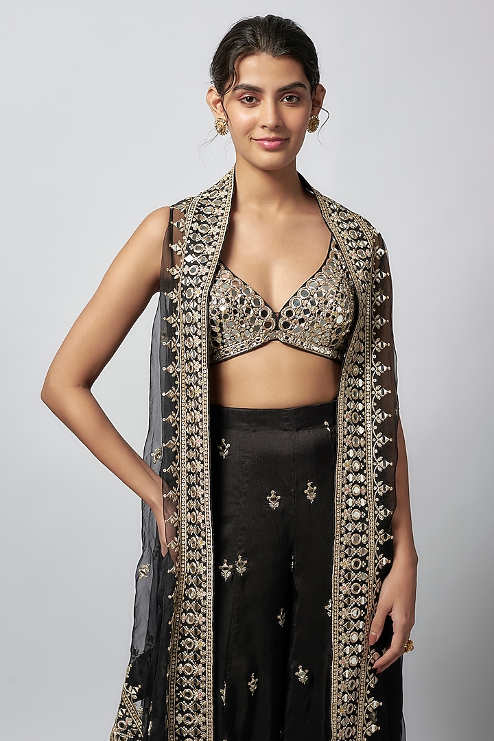 Black Organza Embroidered Cape Set by GOPI VAID at Pernia's Pop Up Shop
