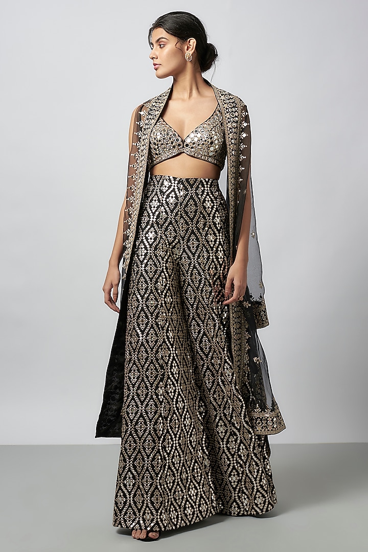 Black Organza Embroidered Cape Set by GOPI VAID at Pernia's Pop Up Shop