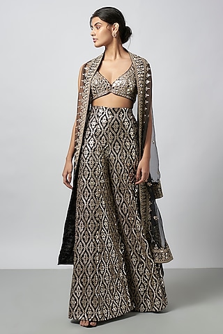 Black Organza Embroidered Cape Set by GOPI VAID