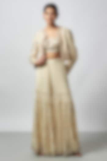 Ivory Tussar Thread Work Jacket Set by GOPI VAID at Pernia's Pop Up Shop