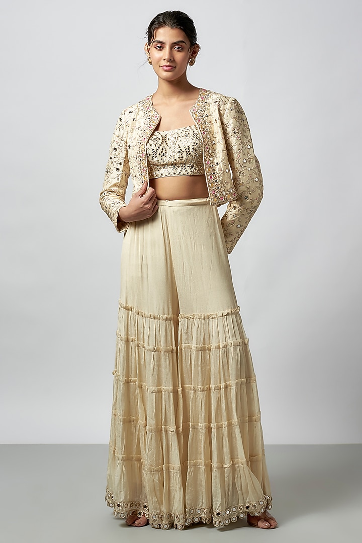Ivory Tussar Thread Work Jacket Set by GOPI VAID at Pernia's Pop Up Shop