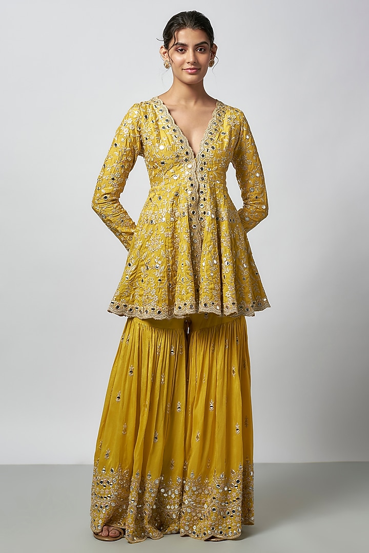 Yellow Tussar Floral Embroidered Wedding Sharara Set by GOPI VAID at Pernia's Pop Up Shop