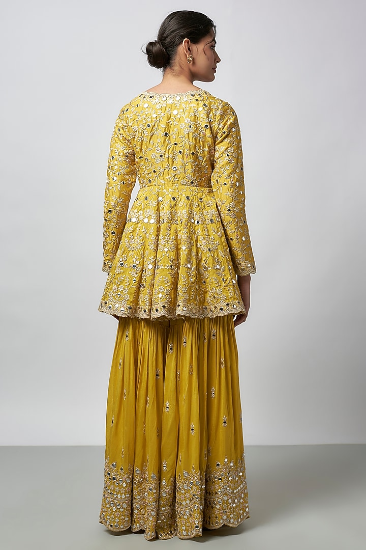 Yellow Tussar Floral Embroidered Wedding Sharara Set by GOPI VAID at Pernia's Pop Up Shop