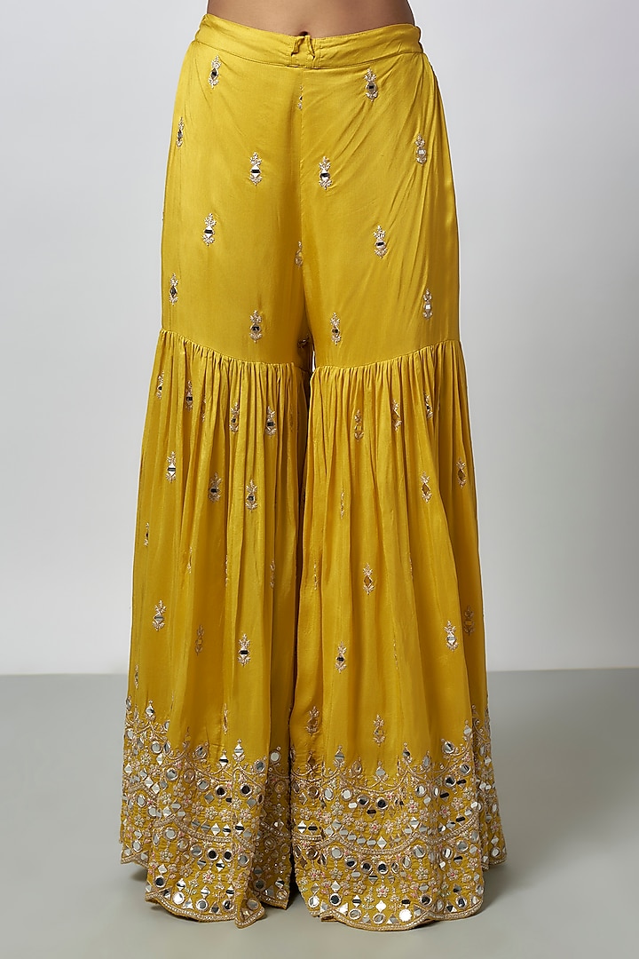 Yellow Tussar Floral Embroidered Wedding Sharara Set by GOPI VAID at Pernia's Pop Up Shop
