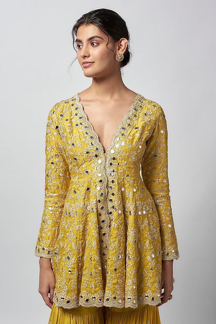 Yellow Tussar Floral Embroidered Wedding Sharara Set by GOPI VAID at Pernia's Pop Up Shop