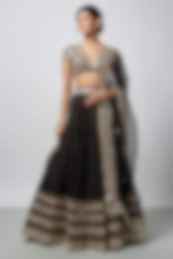 Black Tussar Mirror Work Wedding Lehenga Set by GOPI VAID at Pernia's Pop Up Shop